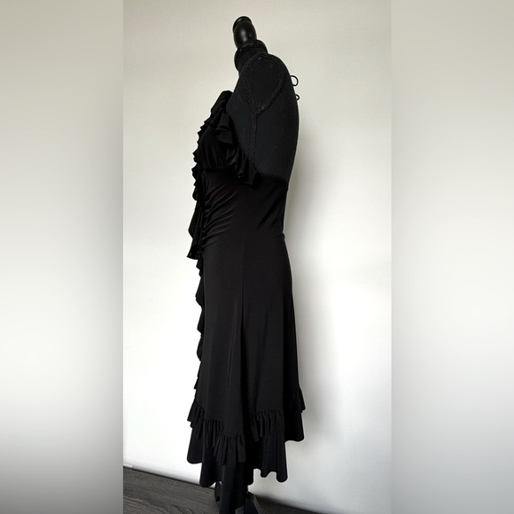 Women's Elegant V Neck Ruffle Trim Open Back Halter Black Cocktail Dress Midi M - Picture 2 of 8